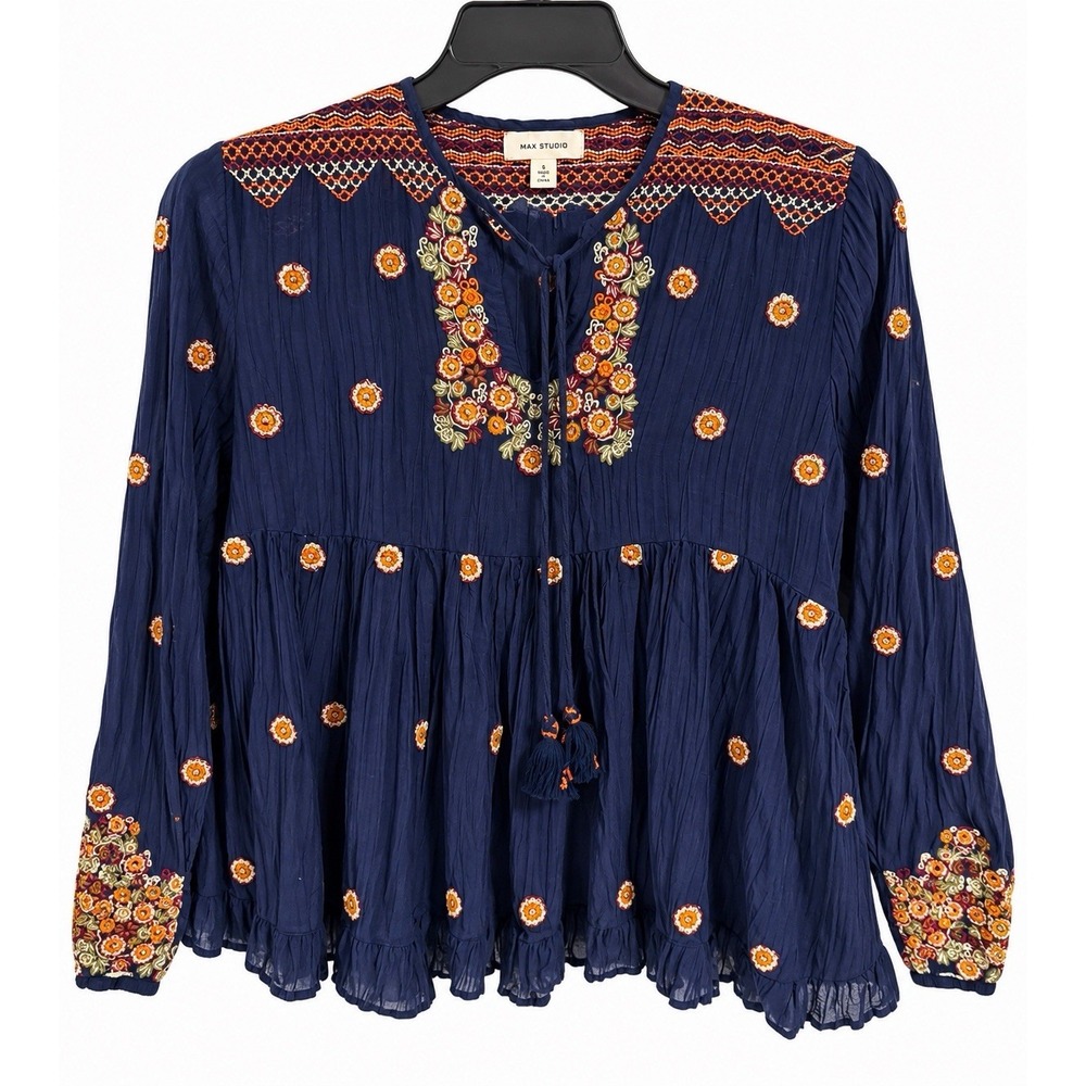 Max Studio Embroidered Peasant Blouse Small Boho Folk Whimsigoth Navy Floral